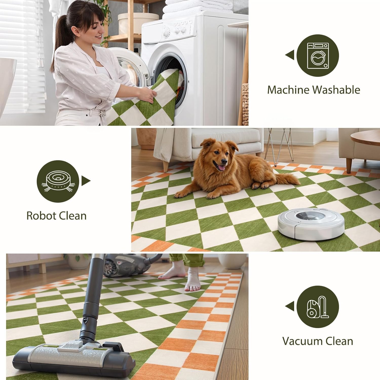 Morebes Green Checkered Rugs for Living Room, 4x6 Washable Area Rug for Bedroom, Geometric Checkerboard Soft Low Pile Playroom Rug, Non Slip Carpet for Dining Room Nursery Dorm Home Decor - Image 3