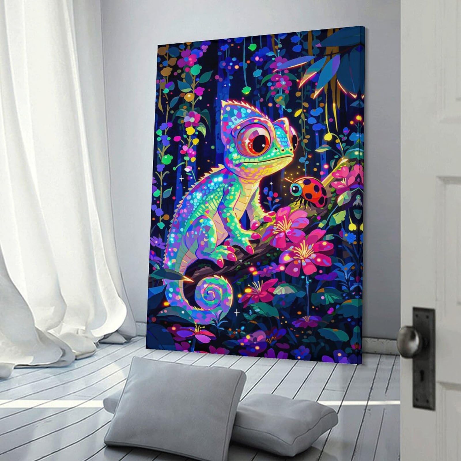 Junmoney Frame-Style-22 Hanging Wall Art Chameleon And Ladybug In A Magical Forest, 24X36inch(60X90cm), For Gallery Wall Layouts In Home Or Office, An Easy Match For Collected Prints