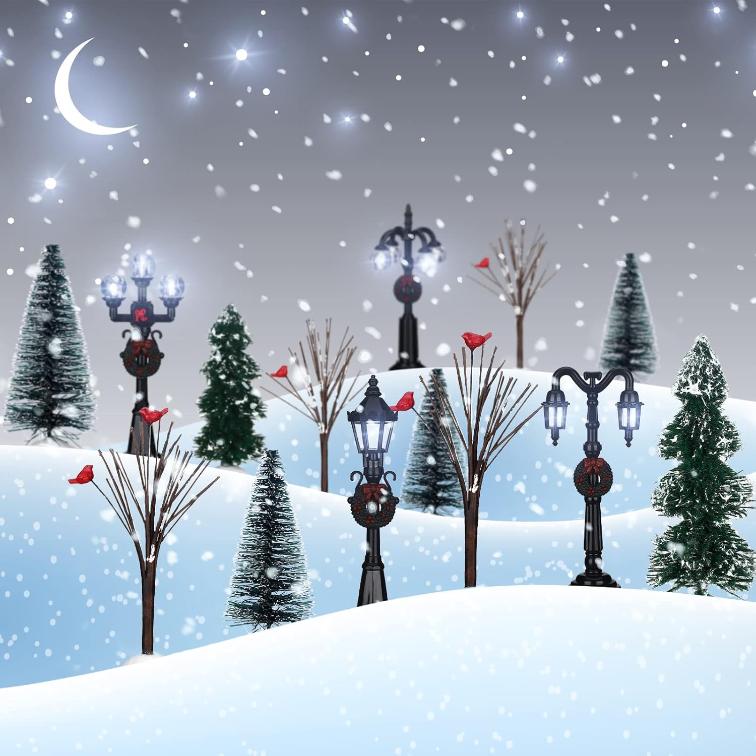 14 Pcs Christmas Accessories Village Figurine Miniature Pine Trees Snow Artificial Christmas Trees Bare Branch Tree Street Lamps for Xmas DIY Crafts Winter Room Landscape(Fresh Style) - Image 7