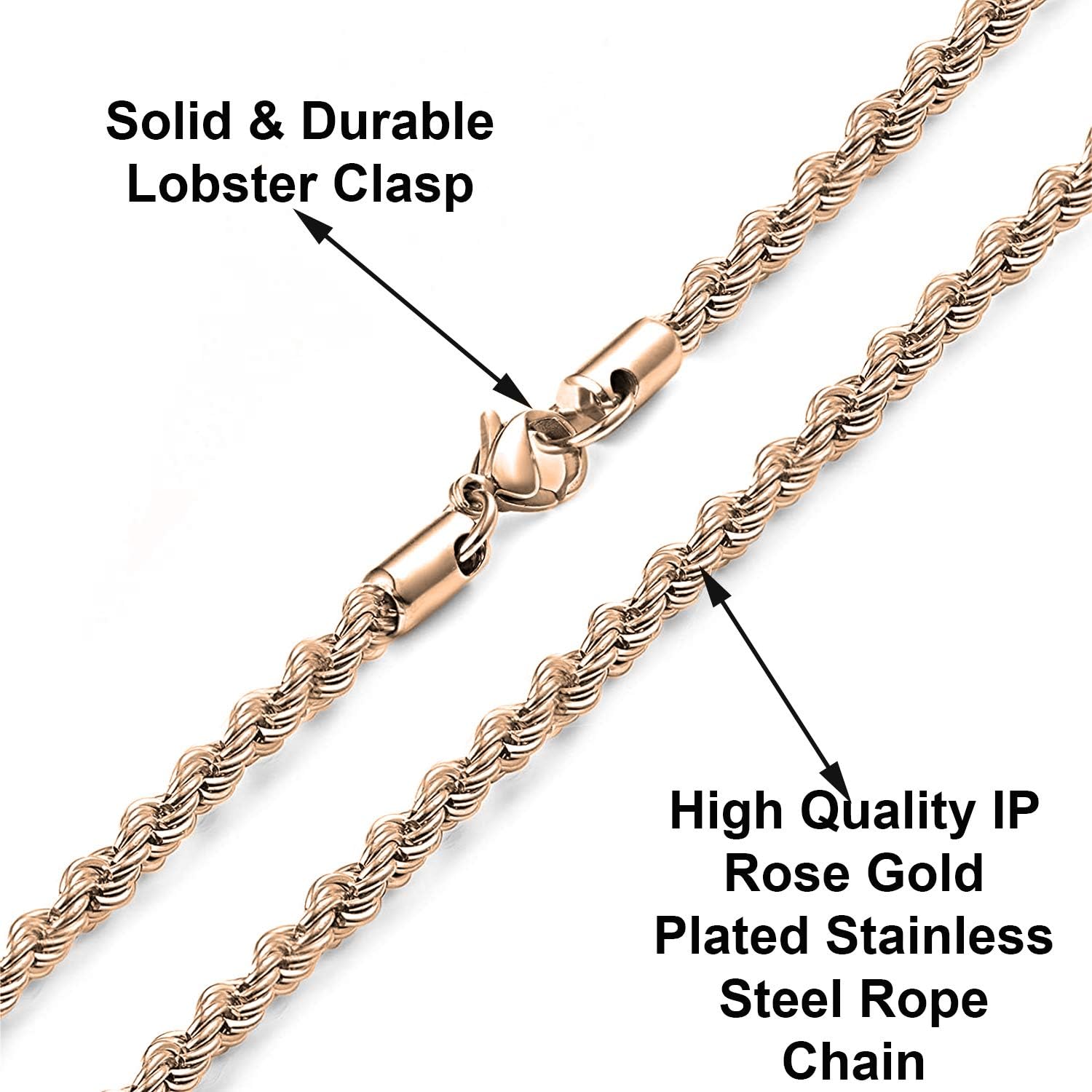 Savlano 2mm-5mm Stainless Steel Rose Gold Color Rope Twist Necklace Chain For Men & Women Comes in 16-30 inches With a Gift Box - Image 2