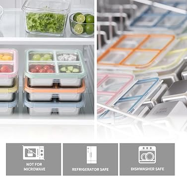 Bakpoco 4 Pack Stainless Steel Snack Containers, 4 Compartment Metal Snack Containers with Lid, Compact Food Storage Box Containers For Lunch & Snacks