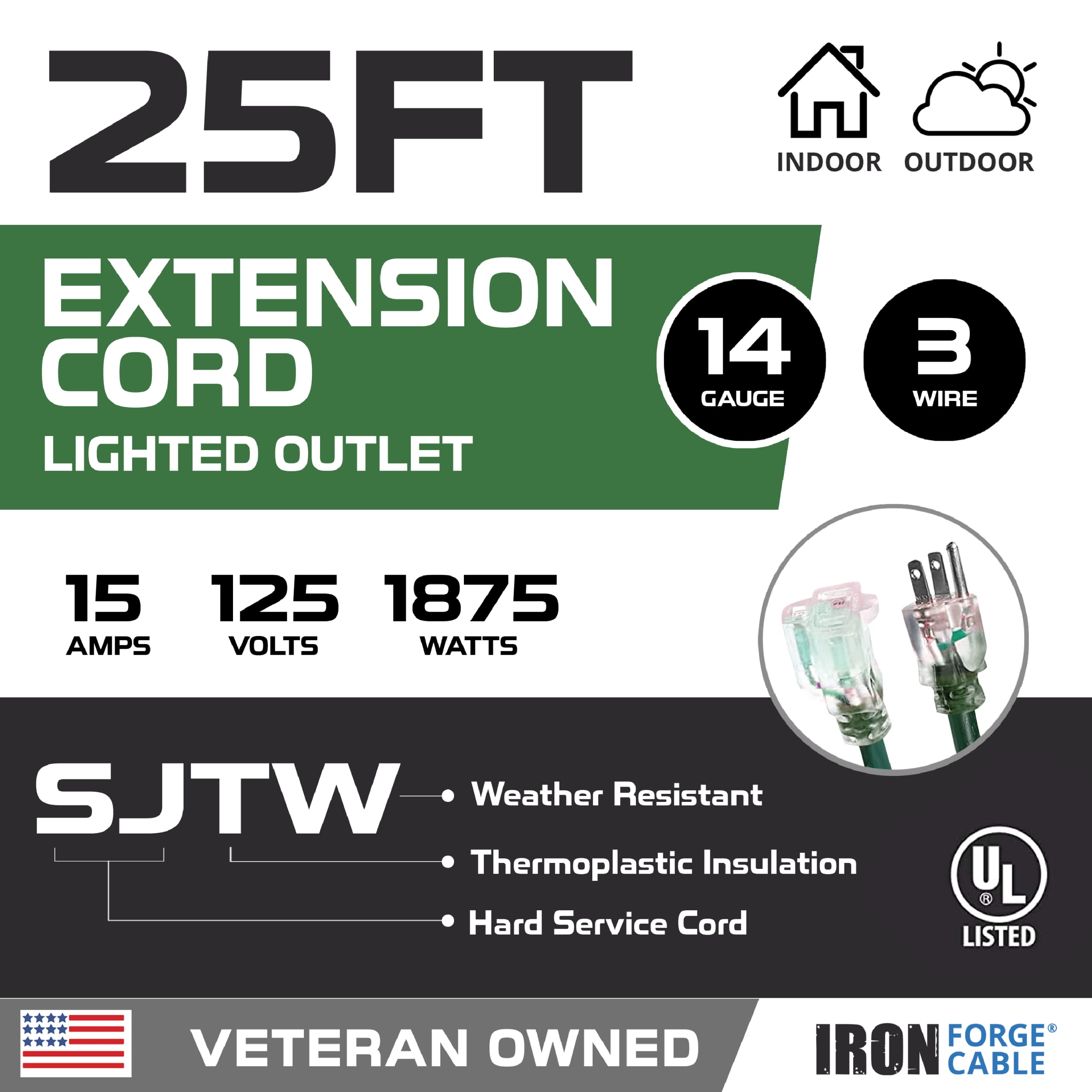 IRON FORGE Cable de extensión para exteriores de 25 pies – Calibre 14 15 amperios de alta resistencia – SJTW – ideal para electrodomésticos principales, herramientas eléctricas, suministros de jardín,