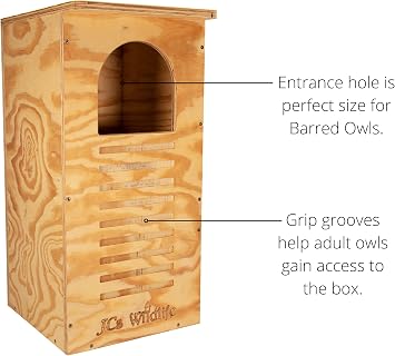 JCs Wildlife Barred Owl House Nesting Box, Recycled Poly Lumber Owl Box for Outside, Predator Guard, Pine Shavings Included, Made in USA