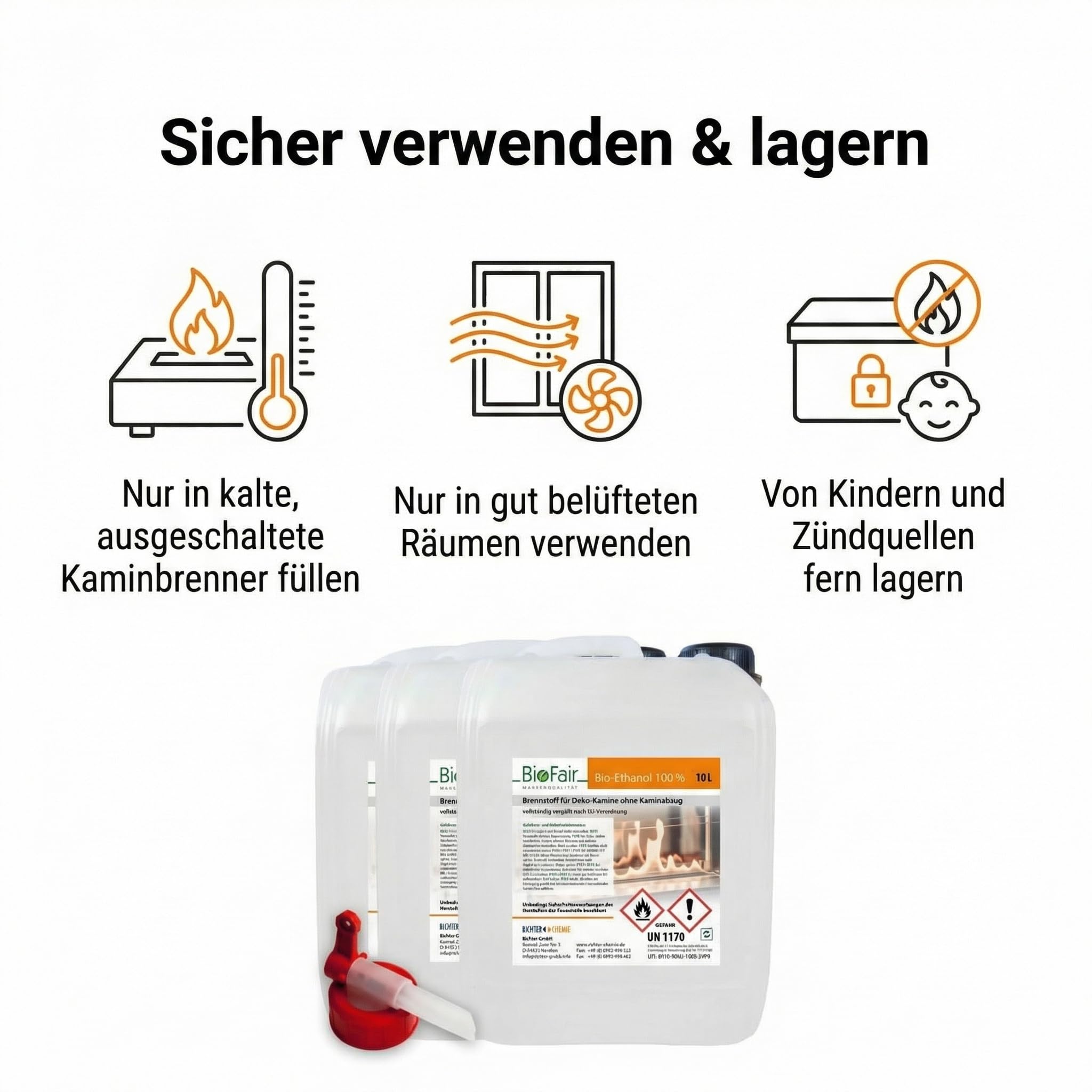 BioFair Bioethanol Kamin Brennstoff 30L (3×10L Kanister) E100 100 Prozent, mit Dosierhahn, Made in Germany, für Tischkamin, Wandkamin & Kamin flüssig