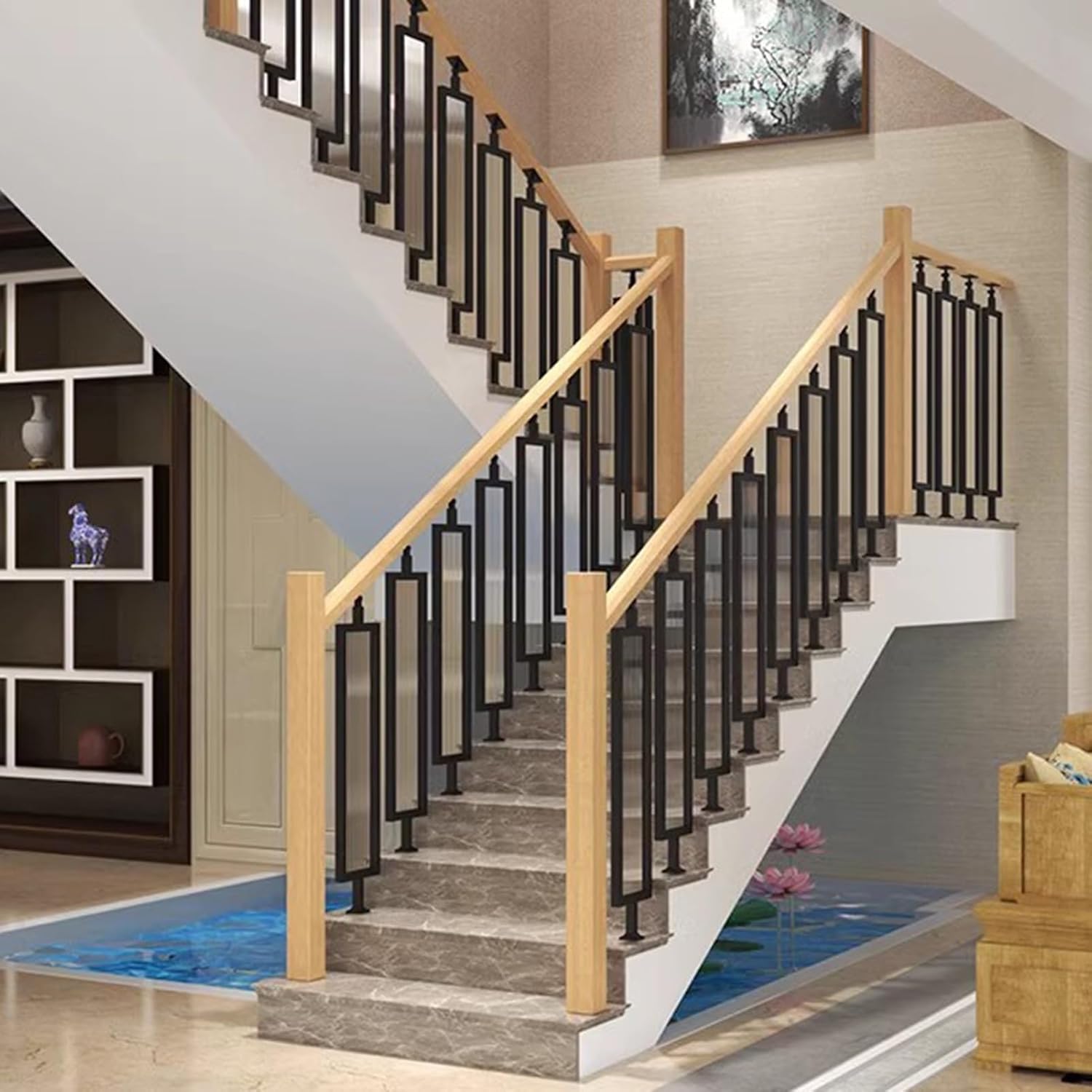 BBHW Stair Balusters Modern Staircase Iron Balusters with Tempered Glass, Steps Deck Railing Handrail System, Customizable Decorative Stair Spindles Kit (Color : Black, Size : 85cm(33 1/2"))