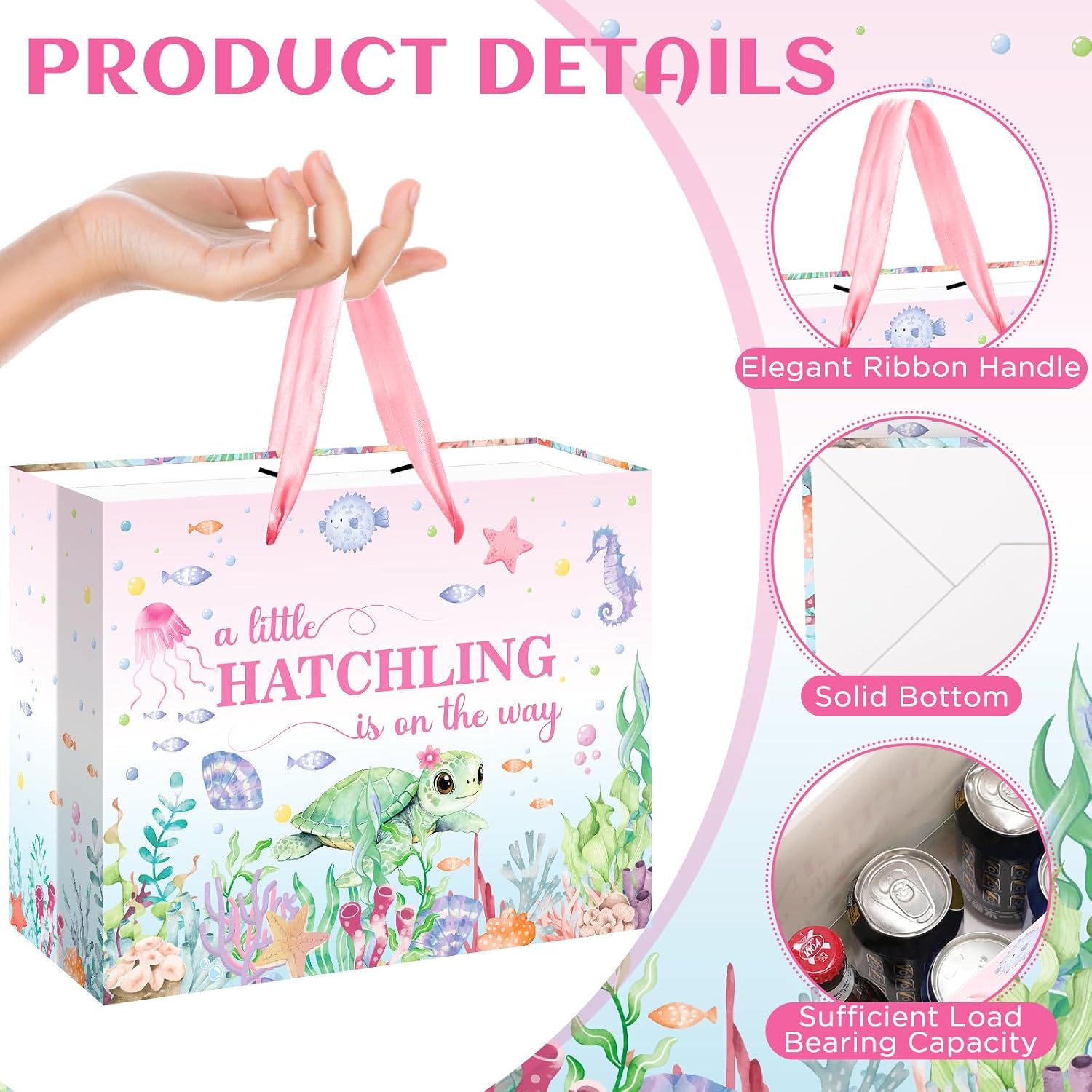 Sea Turtle Baby Shower Birthday Gift Bag A Little Hatchling is On The Way Bag with Wrapping Paper and Greeting Card Pink Under the Sea Party Decor for Baby Girls Birthday Gender Reveal Party Supplies