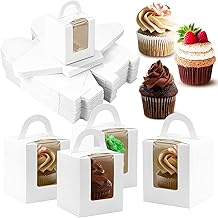 60 PCS Single Cupcake Boxes, Clear Window Inserts Handle Cupcake Muffins Cupcake Carriers Pastry Containers Bakery Wrapping Party Favor Packing for Wedding Cupcake Favor Boxes (White)