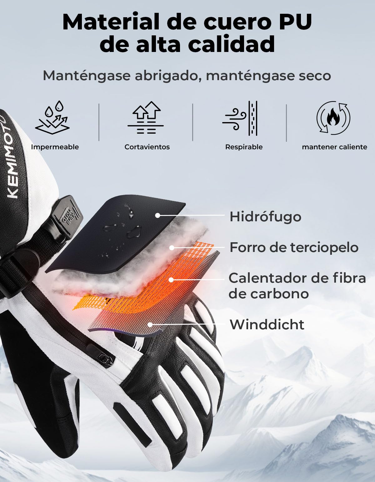 KEMIMOTO Guantes Moto Calefactables, Retención de Calor Desde -20℃ a -5℃, con Protección de Almohadilla EVA, 3 Niveles de Calefacción y 2500mAH, Esquí, Patinaje Actividades de Invierno