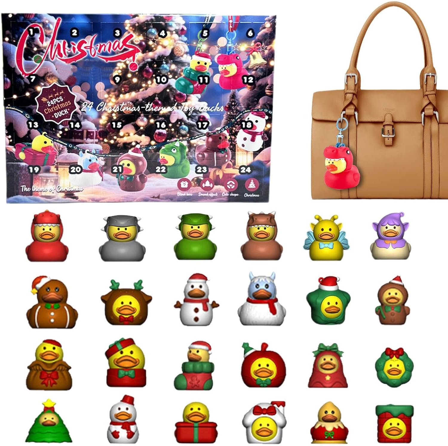 Christmas Advent Ducks, 24 Day Countdown Toys, Cute Duck Keyring Pendant Bath Toys Party Favors Stocking Stuffers for Kids Girls Boys