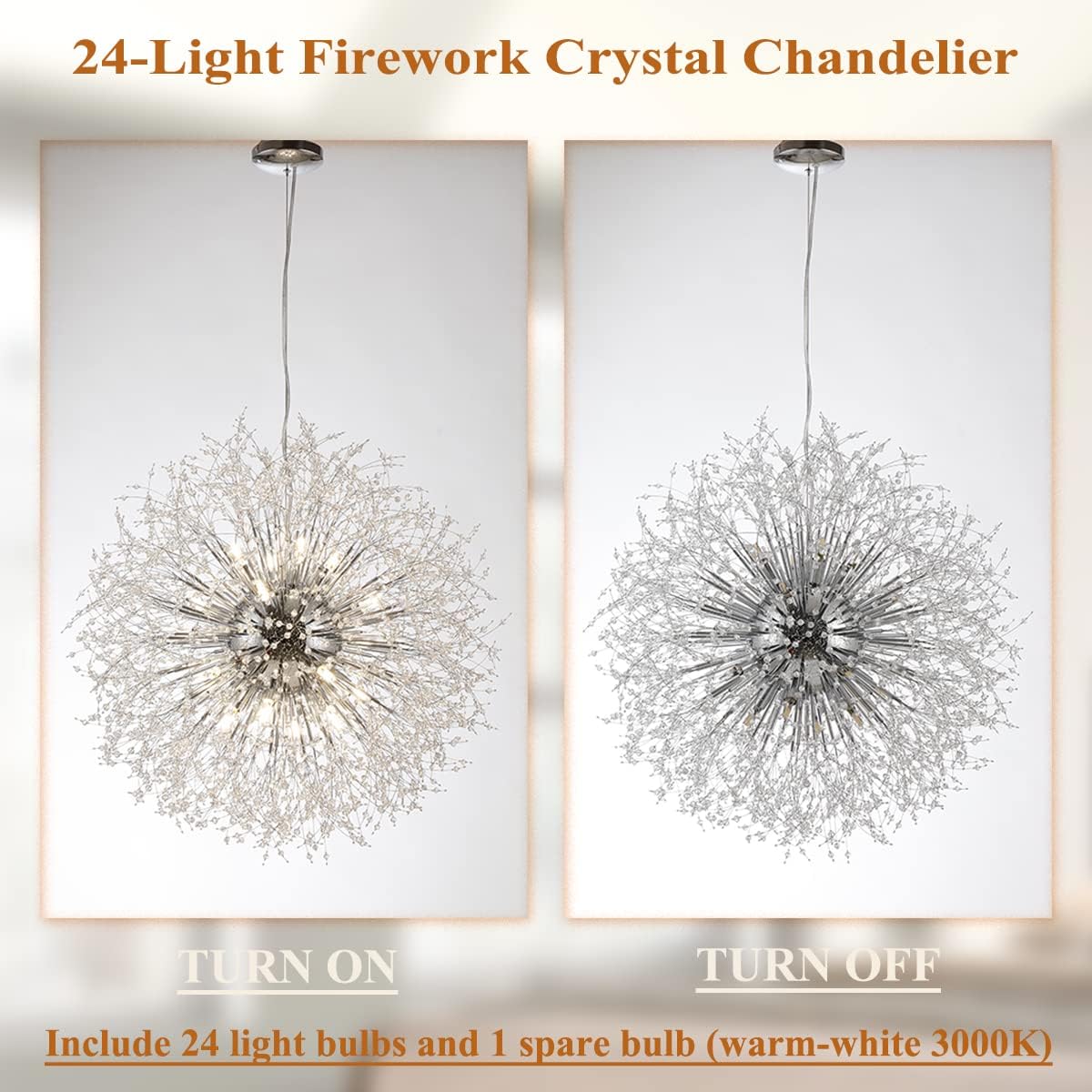 Large Fireworks Crystal Chandeliers, 24-Light Chrome Dandelion Pendant Chandelier, 120W Modern Sputnik Crystal Chandelier Lighting for Living Room Entryway