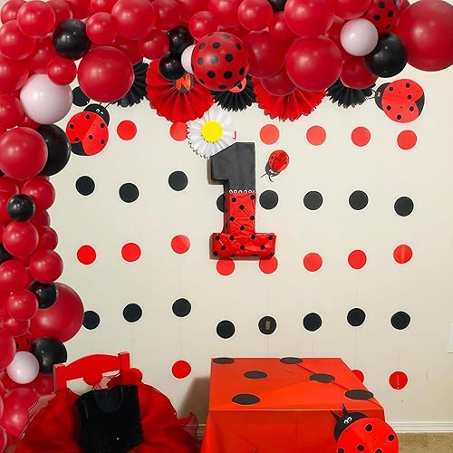 Miniatura 3 de HYOWCHI Suministros de fiesta de mariquita 151 piezas de arco de globos de lunares rojos y negros, baby shower, niñas, mujeres, productos para