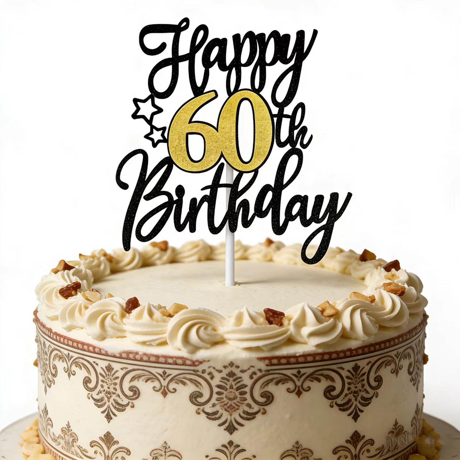 Photo 1 of 1 PCS Happy 60th Birthday Cake Topper, Black Gold Glitter Cheers to 60 Years Cake Topper, Cake Pick 60th Birthday Cake Decoration for Happy 60th Birthday Anniversary Party Decorations Supplies
