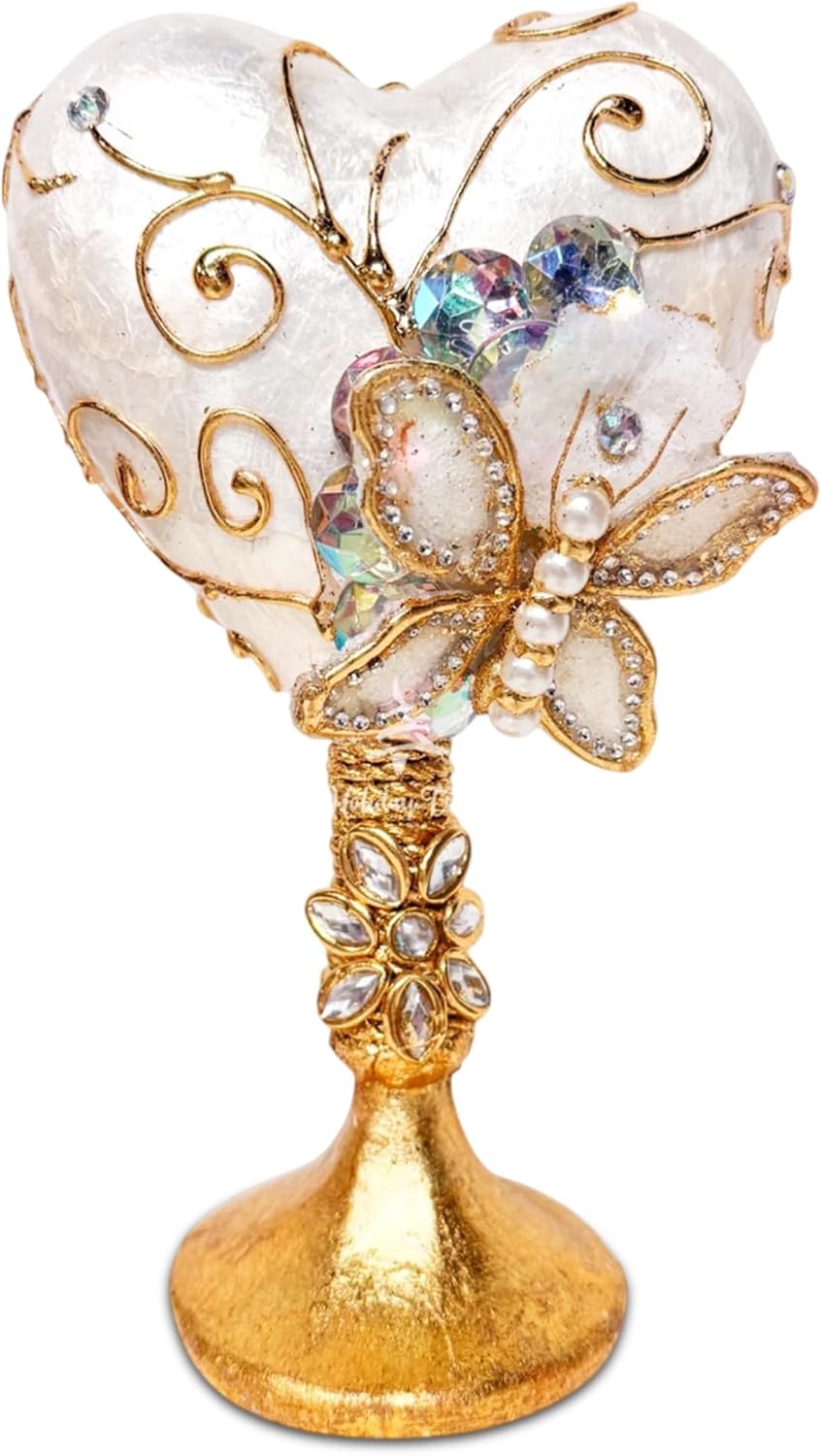 Holiday Tree Jeweled Hearts Laminated Capiz Valentines Decor – Ivory Medium Gem Heart Valentines Tabletop & Wedding Decoration, Love-Themed Valentine's Heart.