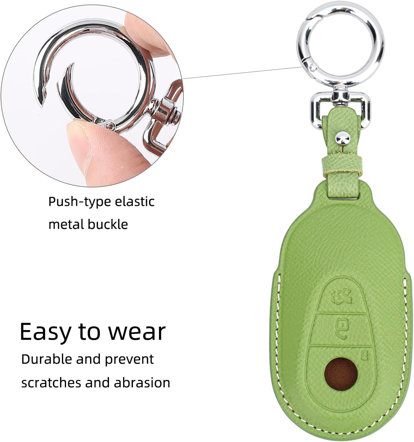 Leather Key Fob Cover with Keychain, Compatible with 2020-2022 Mercedes Benz E-Class, G-Class, and S-Class Smart Remote (Green)