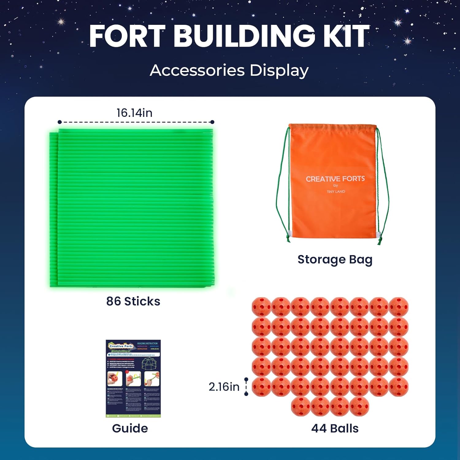 Tiny Land Glow Fort Building Kit for Kids Creative Fort Indoor & Outdoor Construction Toys with 86 Rods and 44 Balls for 5-12 Year Old Boys & Girls STEM Building Toy Gifts with Storage Bag