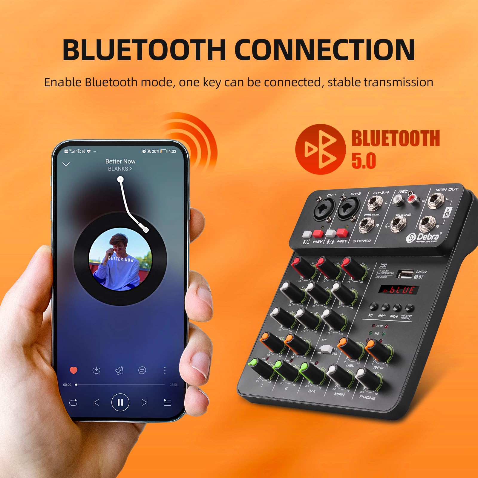 Mikser DJ-ski, V4 Mikser DJ Kontroler, 5.0 Bluetooth 48V Phantom Power, Niski Poziom Szumów Do Konsoli Mikserskiej Nagrywanie PC(V4-black)