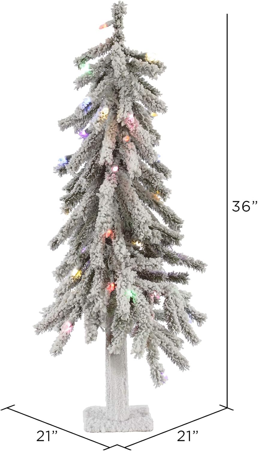 Vickerman 3' Flocked Alpine Artificial Christmas Tree, Multi-Colored LED Dura-Lit Lights - Snow Covered Faux Tree - Seasonal Indoor Home Decor - Real Wood Trunk
