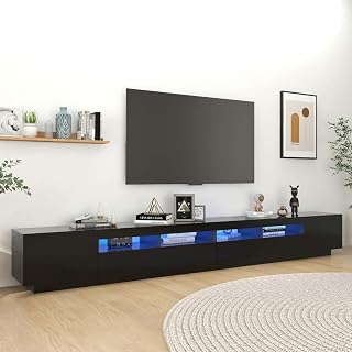 Homgoday Mueble de TV con luces LED, color negro, 300 x 35 x 40 cm, armario de centro de entretenimiento, mueble de TV, mueble de alta fidelidad, mueble de TV, mueble de sala de estar, mueble de