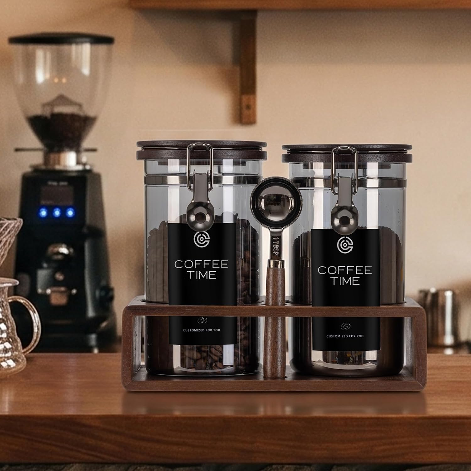 2 Pack 45oz Light Blocking Coffee Canister, Airtight Borosilicate Glass Storage Jars with Measuring Scoop & Wood Rack, UV Shield Container for Coffee Beans Ground Coffee Dry Food