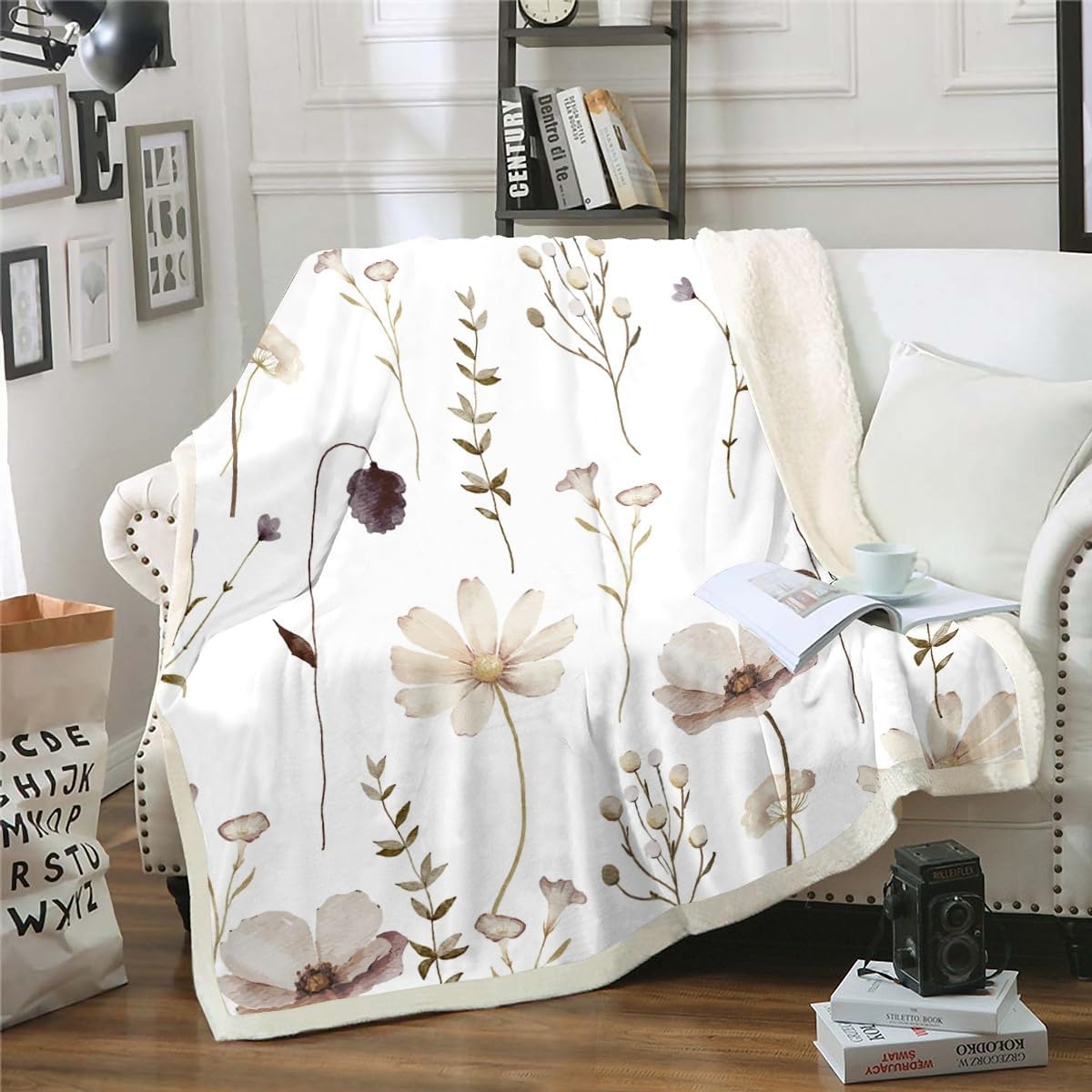 Erosebridal Women Watercolor Flower Sherpa Throw Size, Olive Green Beige Floral Throw Blanket, Modern Minimalist White Fleece Blanket Branches Pastoral Fuzzy Decorative Sofa Couch