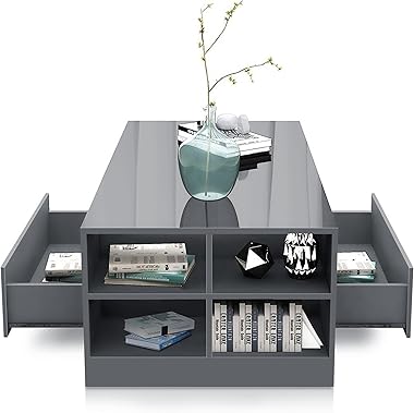 Blisswood Led Coffee Table with 2 Drawer Storage, High Gloss Coffee Table for Living Room Wooden Centre Table with RGB Led Li