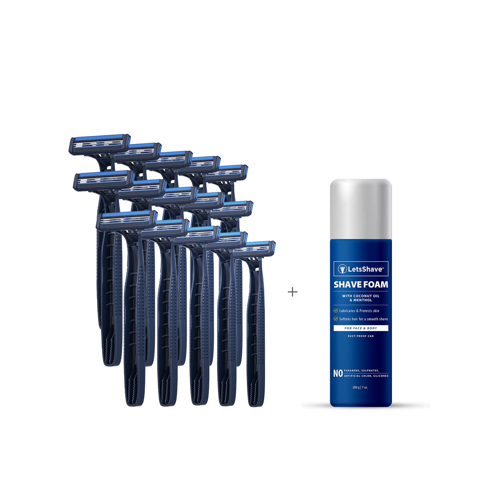 LetsShave Pro 2 Plus Disposable Razor for Men - Pack of 15 + Shave Foam | Twin Stainless Steel Blade Disposable Razor with Pivoting Head | Made in South Korea | Open Flow Cartridge with Safety Cap