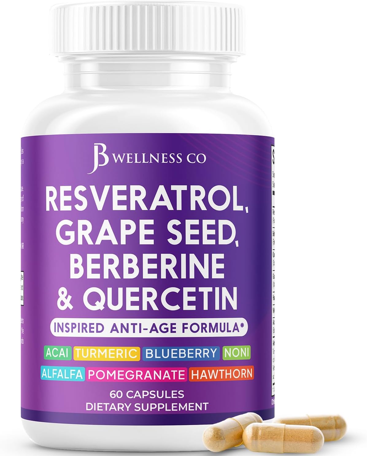 JB Wellness Resveratrol Grape Seed Extract, Berberine, Quercetin - Polyphenol Supplement for Women and Men with Noni Extract, N-Acetyl Cysteine, Acai Extract - 60 Capsules