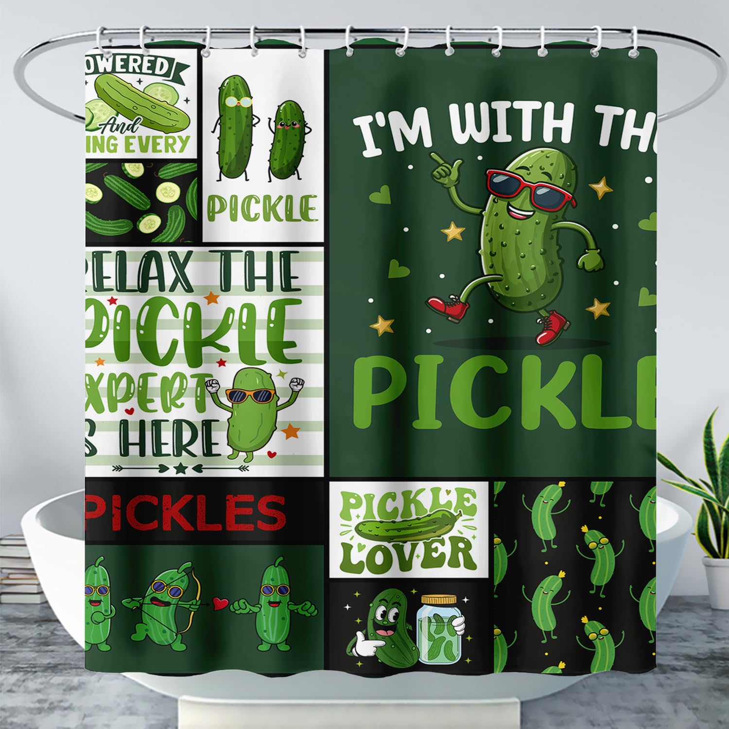 AILONEN Pickle Shower Curtain Set,Green Vegetable Printed Bath Curtains for Girls Kids,Cartoon Cucumber Waterproof Shower Curtain with Hooks Bathroom Decor,60