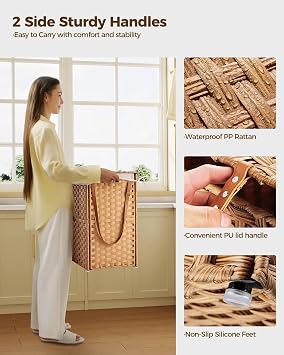 Greenstell Laundry Hamper with Wheels, No Install Needed, 110L Divided Handwoven Hampers & 2 Removable Liner Bags, Synthetic Rattan Clothes Laundry Basket with Lid & Handles, Foldable Hampers Natural