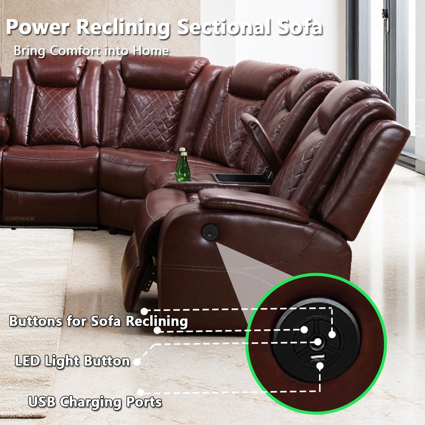 Living Room Furniture Sets, Power Recliner Sofa Sectional Sofa with LED Light for Living Room, Brown Leather Reclining Sectional Couches Set, Cup Holder, Storage Console for Home Theater Seating