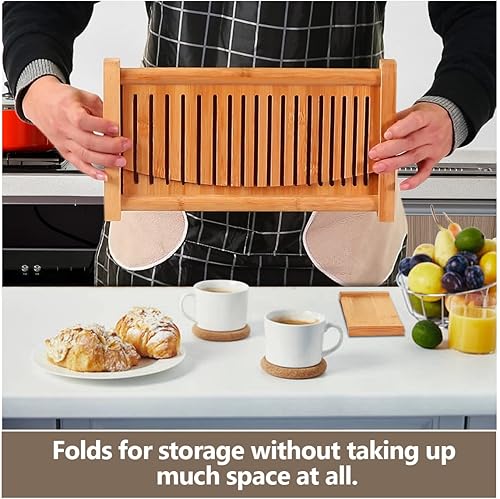 Miniatura 3 de Cortador de pan de bambú con cuchillo de pan dentado de 18.1 pulgadas para pan casero, plegable y compacto, guía de rebanada de 3 tamaños