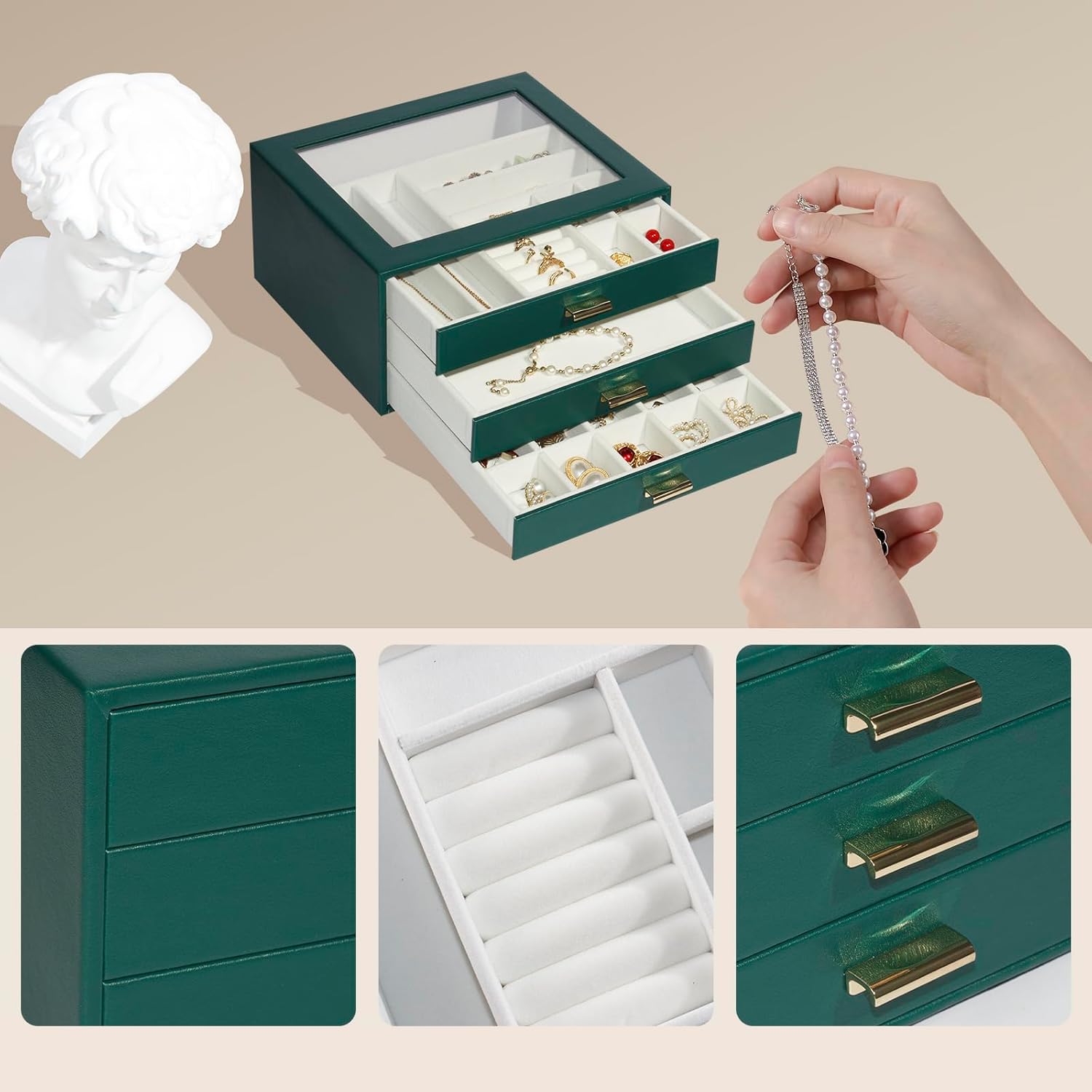 Jewelry Box Organizer with 3 Drawers,Glass Lid Jewelry Boxes for Women,Jewelry Storage for Rings,Necklaces,Earrings,Bracelets,Interesting Gift,Green
