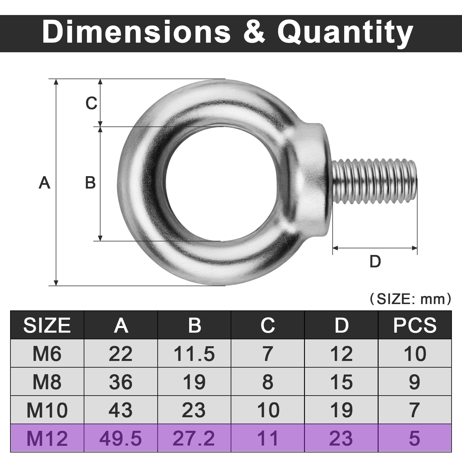 5 viti ad anello M12, viti ad occhiello in acciaio al carbonio, M12, con filettatura msymsyu, vite ad anello rotonda per dispositivi di sollevamento e fissaggio tecnici