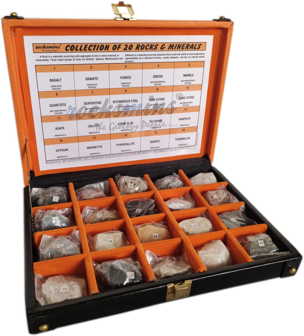 Rocksmins RM20WB-OrangeBlack Collection of 20 Rocks & Minerals in a Heavy Beautiful Orange Black Fancy Wooden Box Igneous Sedimentary Metamorphic Rock Mineral Large Specimens for Education Kit