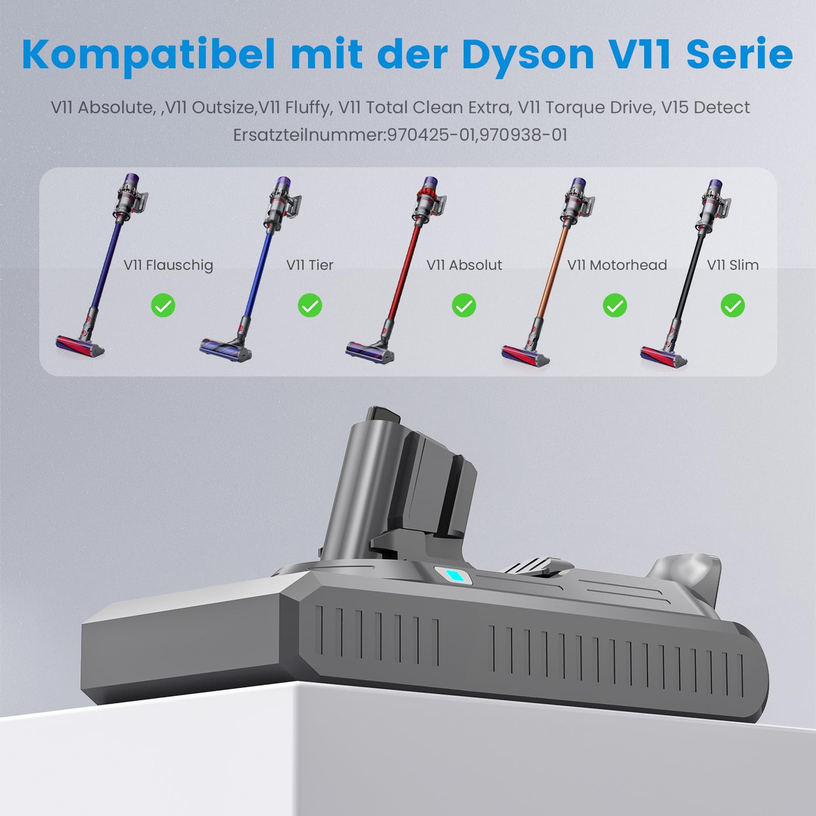 Klickstil SV15 3900mAh V11 Akku für Dyson mit Ladegerät, Ersatzakku für V11 Torque Drive Outsize Absolute Extra V15 Detect Absolute Extra SV15 SV16 SV22 Handheld Akku Staubsauger