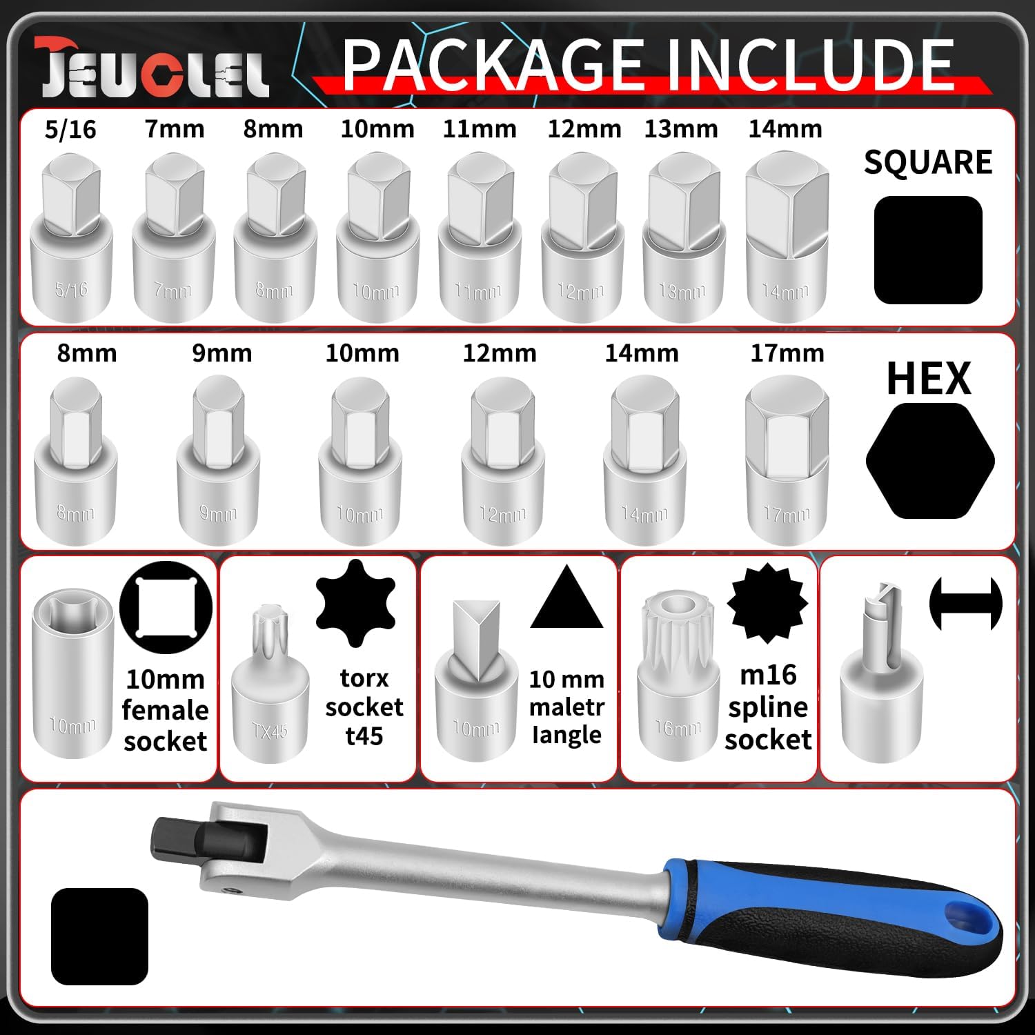 20PCS 3/8" Drive Oil Drain Sump Plug Key Set, Drain Plug Socket Set, Gearbox Hex Square Triangle Torx Spline Socket Set, Engine Repair Mechanic tool