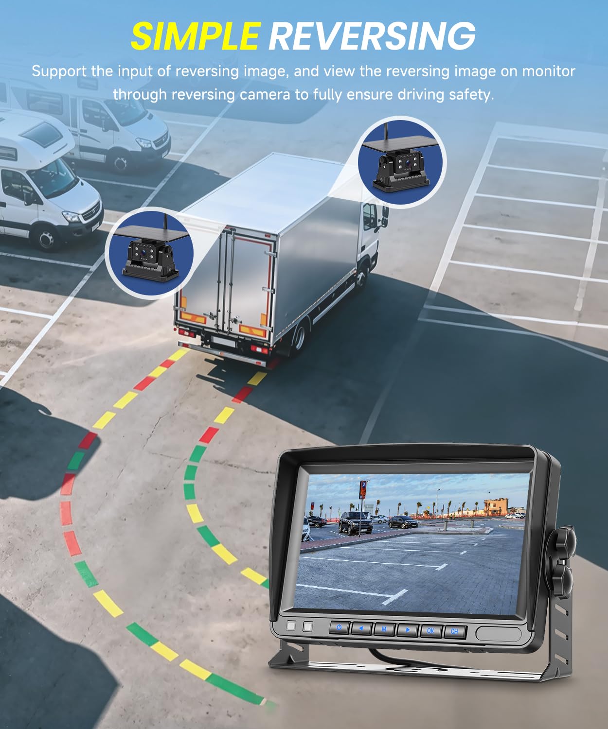 VECHTEL Telecamera Retromarcia Senza Fili, Monitor IPS Da 7'' con 2 HD 720P Telecamere Solari Magnetiche 10000mAh Wireless, Impermeabile IP69, Visione Notturna, Linee Guida, 12‑36V Per Auto Camion SUV