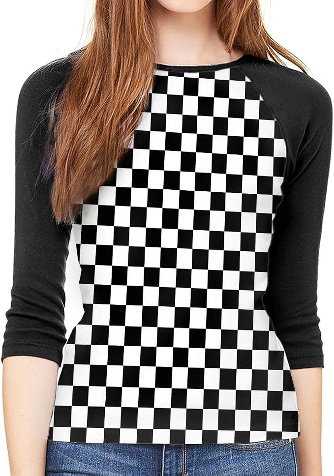 MaoIlu - Maglietta da Donna con Maniche a 3/4, Motivo a Scacchi, Colore  Bianco e Nero - Nero - L : Amazon.it: Abbigliamento