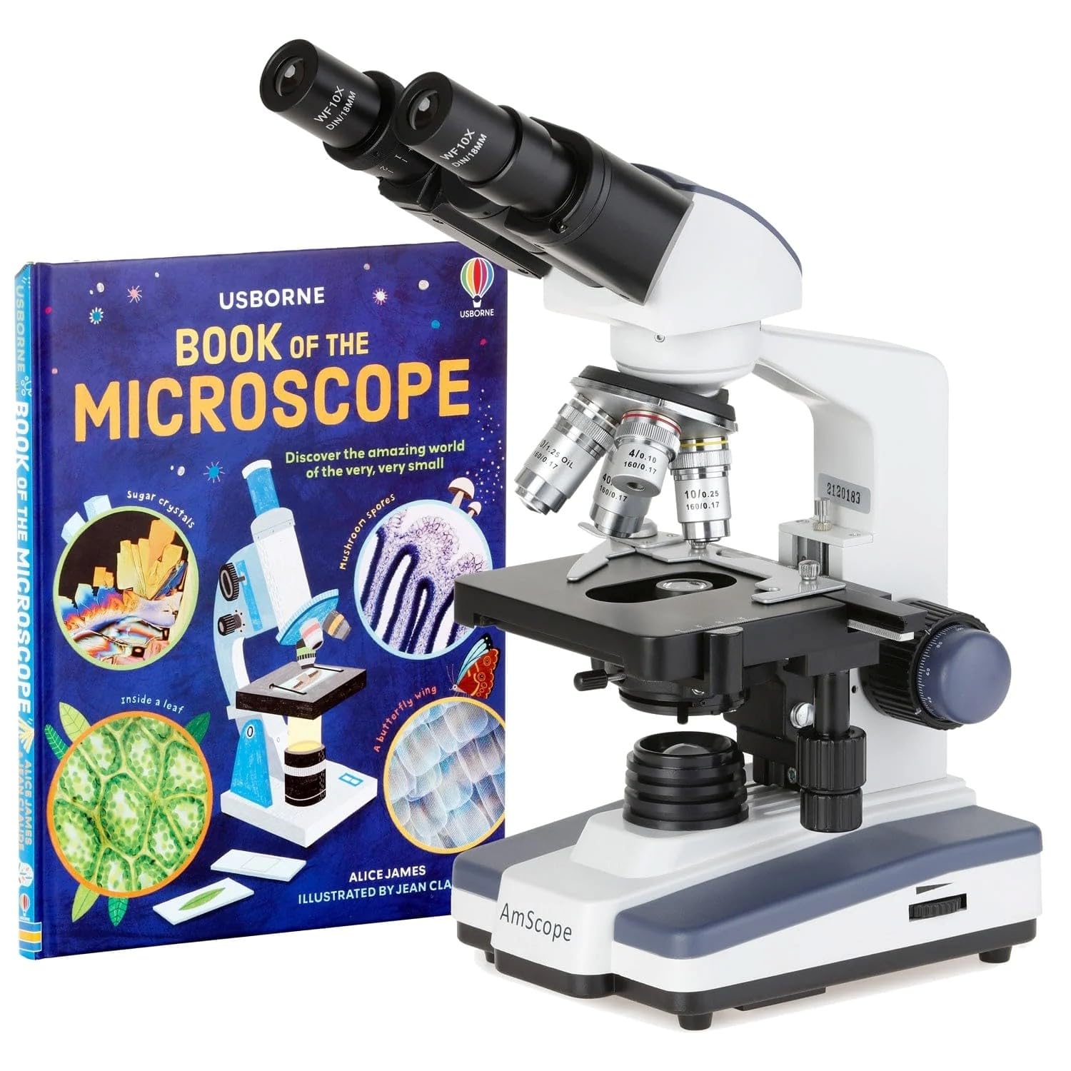 AmScope B120C-WM-PS100 Siedentopf Binocular Compound Microscope, 40X-2500X Magnification, Brightfield, LED Illumination, Abbe Condenser, Double-Layer Mechanical Stage, Includes Book and Set of 100 Prepared Slides