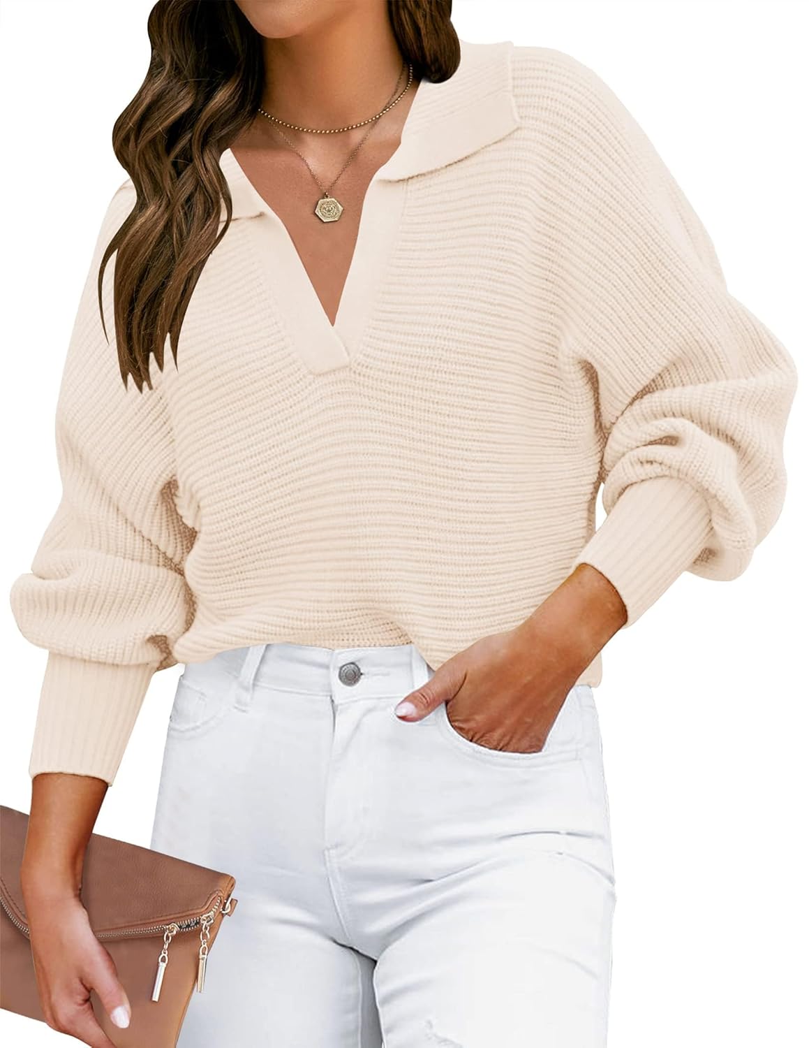 ZESICA Womens Fall Lapel Collar V Neck Long Sleeve Ribbed Knit Comfy Loose Casual Pullover Sweater Jumper Top