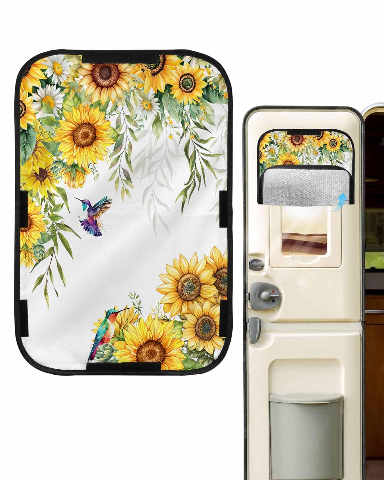 LEOKOTI RV Door Window Shade, Spring Sunflowers Blackout RV Window Shades Foldable, Birds Watercolor Botanical Garden Floral Privacy Insulation Car Covers 16
