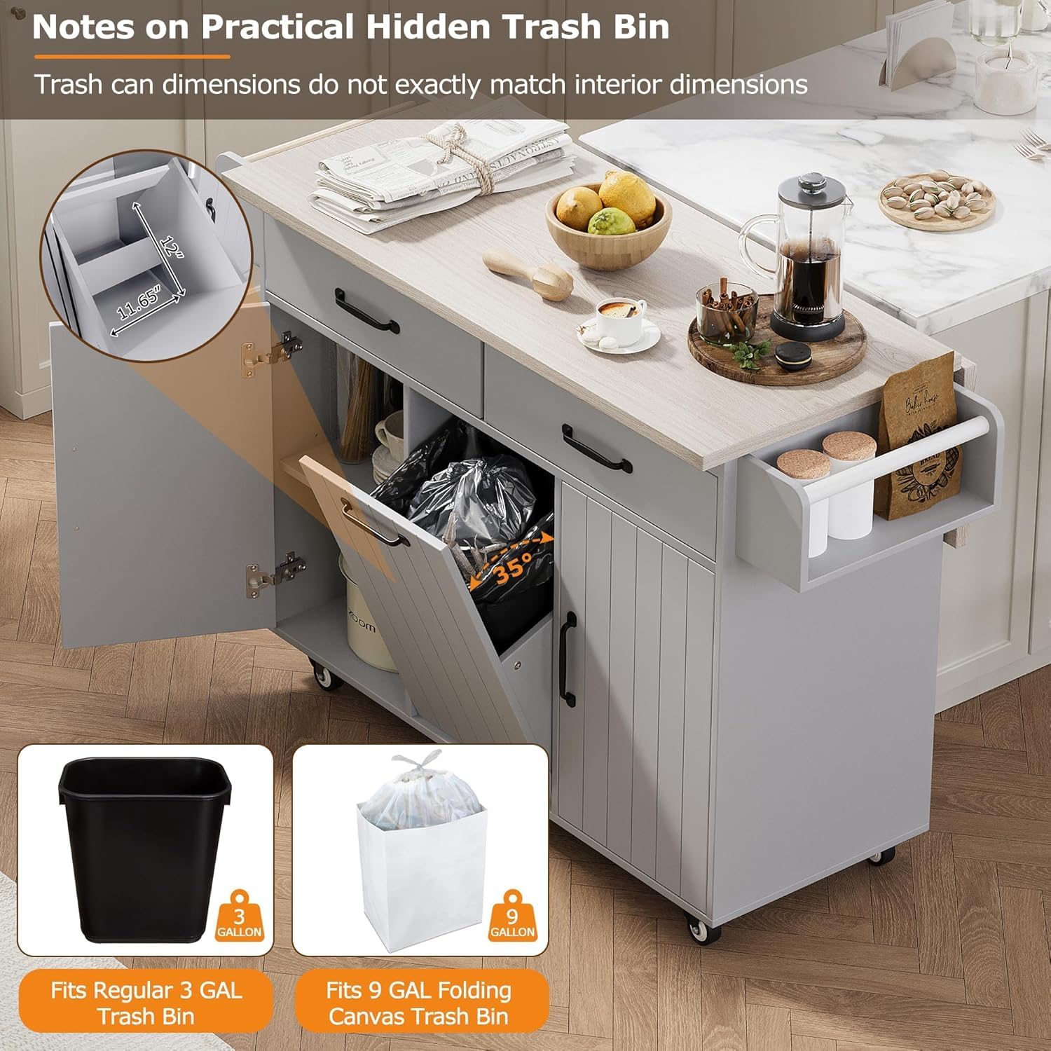 Virubi Kitchen Island with Trash Can Storage Cabinet and Drop Leaf,Rolling Kitchen Island on Wheels, Spice Rack, Towel Rack and Drawer, Adjustable Shelf (Grey)