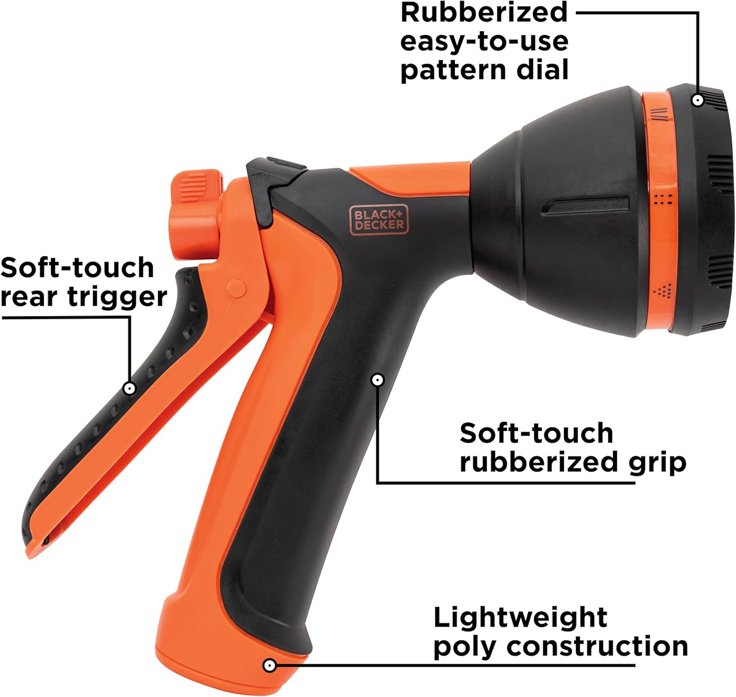 Black + Decker® 8-Pattern Rear Trigger Garden Hose Nozzle – Lightweight, Versatile Sprayer with Easy-Dial Control BXWNBB57390
