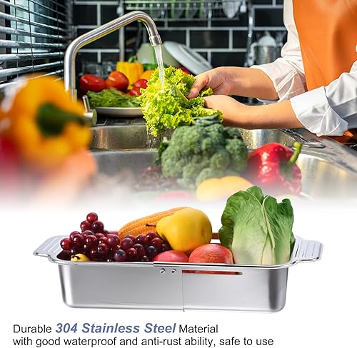 Miniatura 6 de uxcell Colador extensible sobre el fregadero, cesta de lavado de frutas y verduras colador ajustable para cocina de acero inoxidable plateado