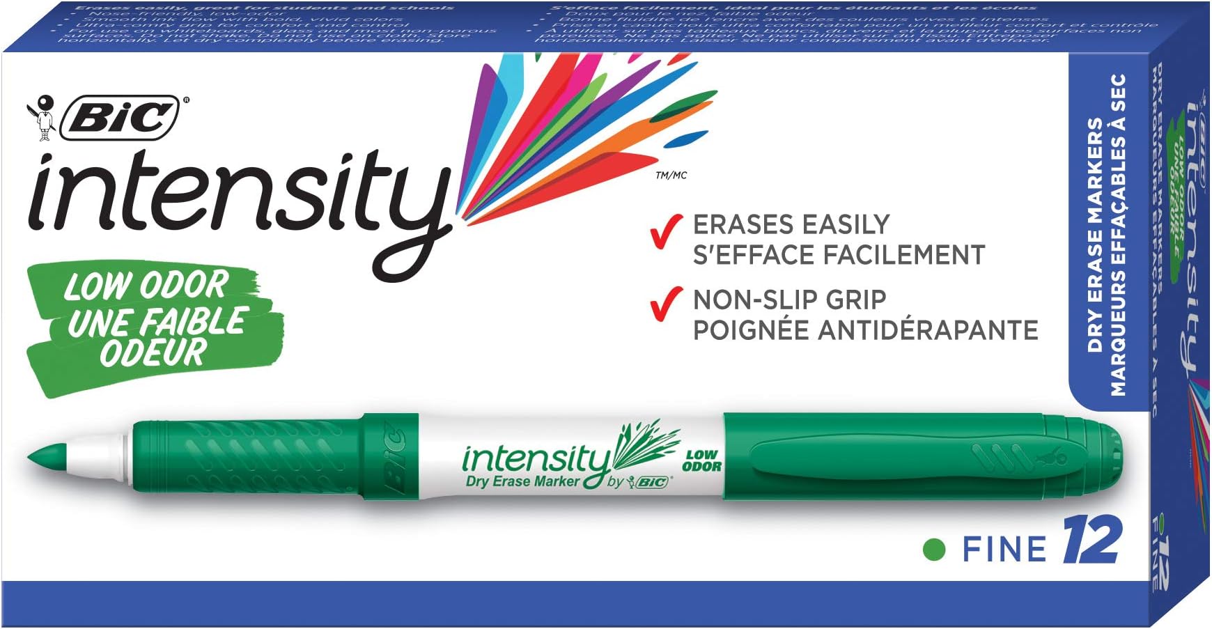 BIC Great Erase Grip Low Odor Dry Erase Marker, Fine Point, Green, 12 Dry Erase Markers