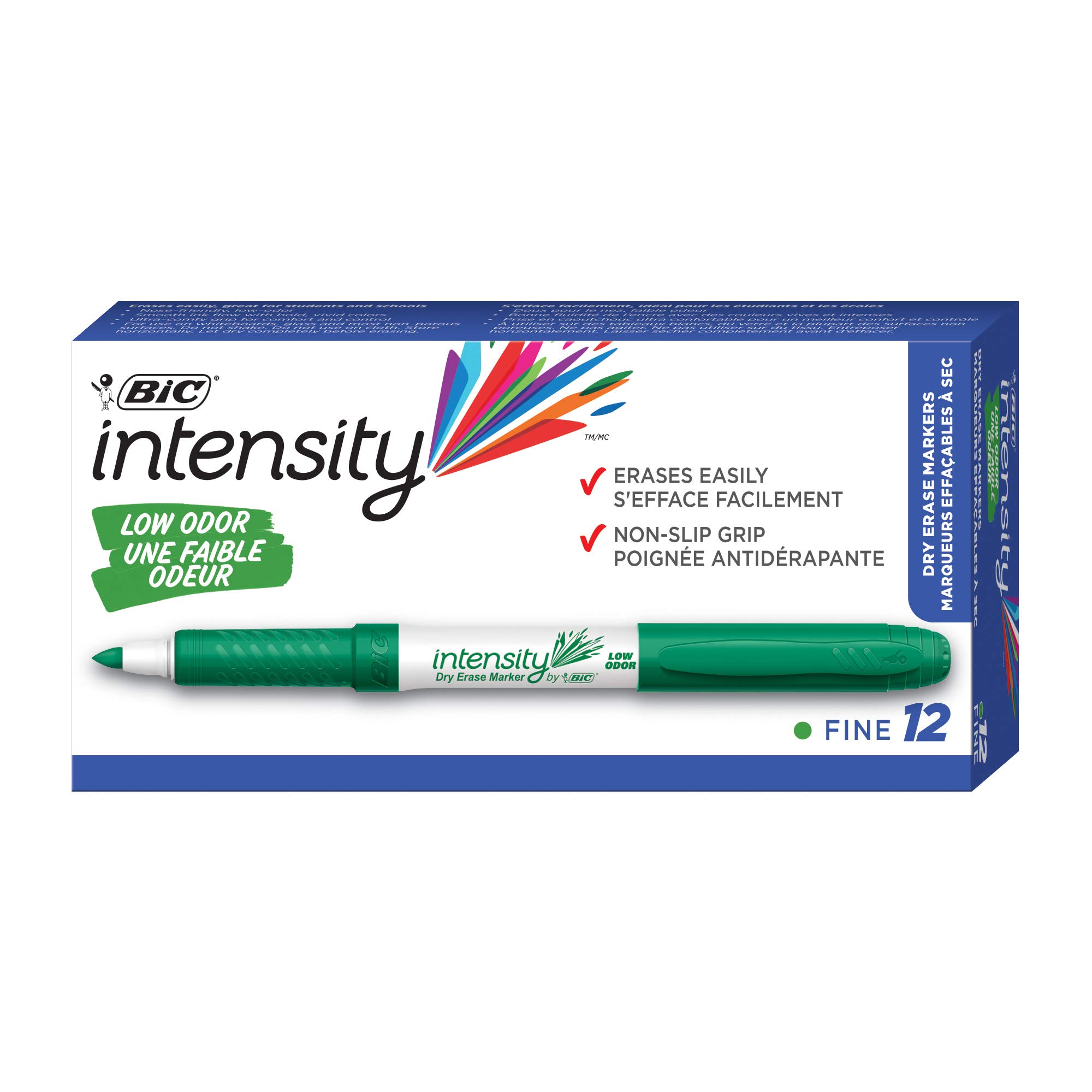 BIC Great Erase Grip Low Odor Dry Erase Marker, Fine Point, Green, 12 Dry Erase Markers