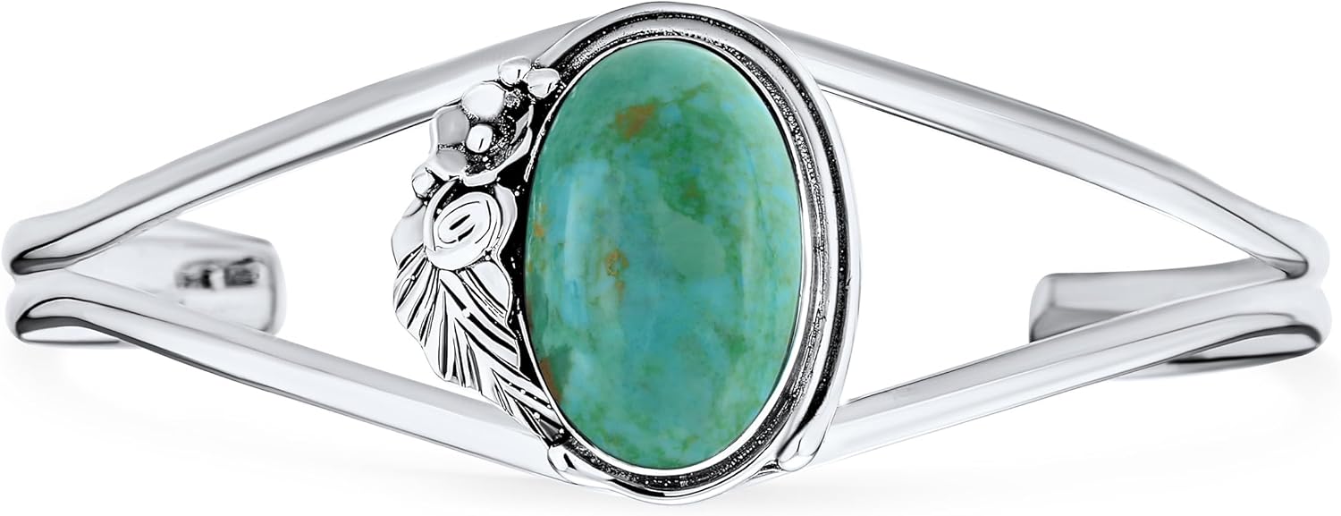 Bling Jewelry Nature Leaf American Indian South Western Navajo Style Flowers Round or Oval Cabochon Statement Onyx Stabilized Turquoise Wide Cuff Bracelet For Women .925 Sterling Silver