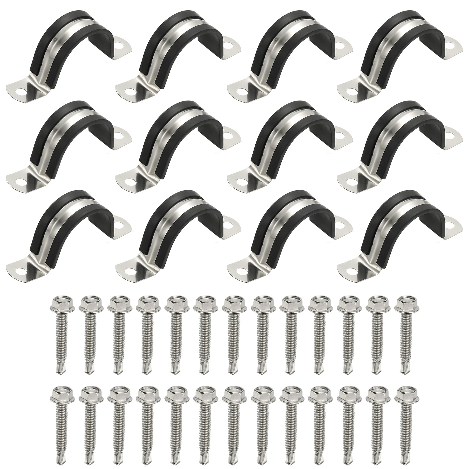 PATIKIL 12Pcs Pipe Clamps, 1-1/2 Inch 304 Stainless Steel Rubber Cushioned U Bracket Conduit Clamps Pipe Strap Wire Clips with Hexagonal Screw for Tube Hose Cord Installation, 38mm โ image 1