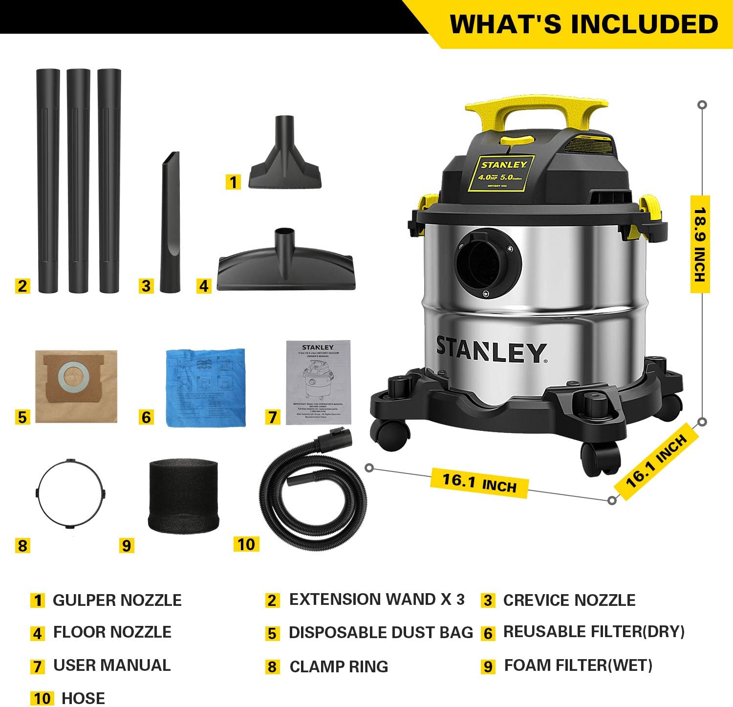 STANLEY Wet/Dry Vacuum SL18115, Stainless Steel Tank, 5 Gallon 4HP Shop Vacuum, Portable Style Ideal for Home/Shop/Jobsite Dust Collection Job with Vacuum Attachments, Silver+Yellow : Industrial & Scientific
