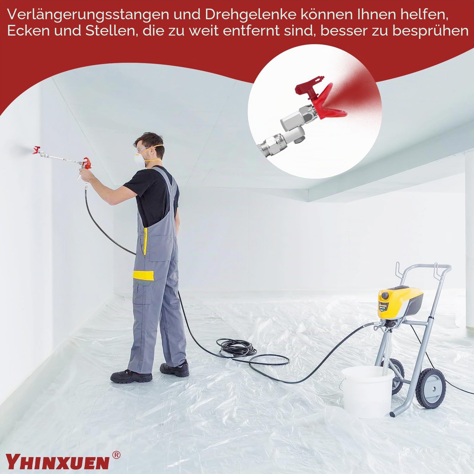 16-teiliges Airless-Spritzpistole-Kit mit 3600 psi Airless-Spritzpistole, 1-Düsenschutz, 5-Düsen, 2-Verlängerungsstäben, 1-Schwenkgelenk, 5-Filter und 1-Aufbewahrungsbox